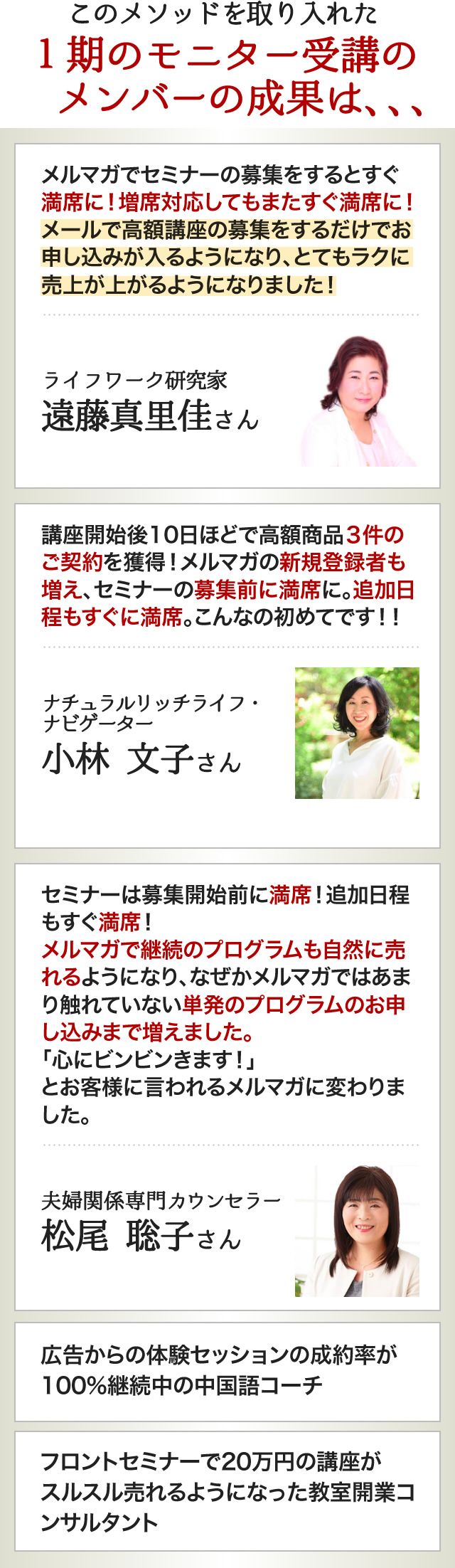 このメソッドを取り入れた１期のモニター受講のメンバーの成果は、、、